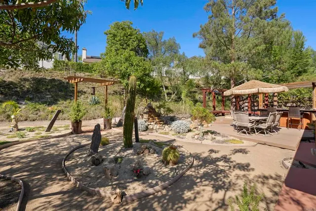 a view of outdoor space with seating area and trees