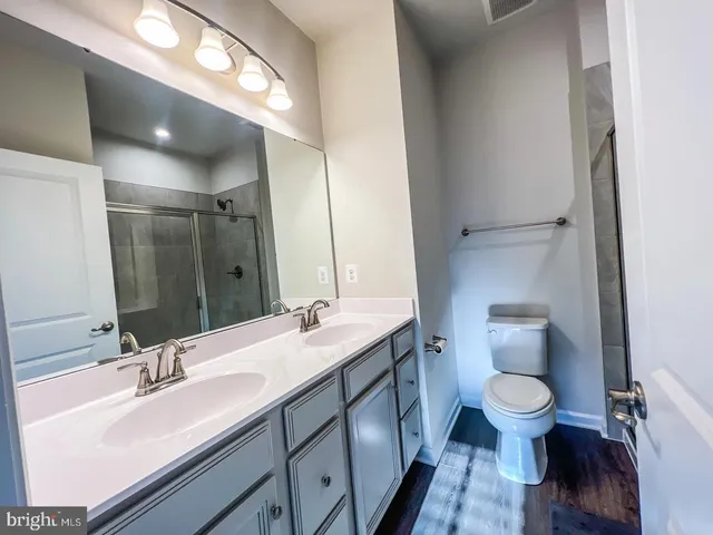 a bathroom with a double vanity sink toilet and a mirror