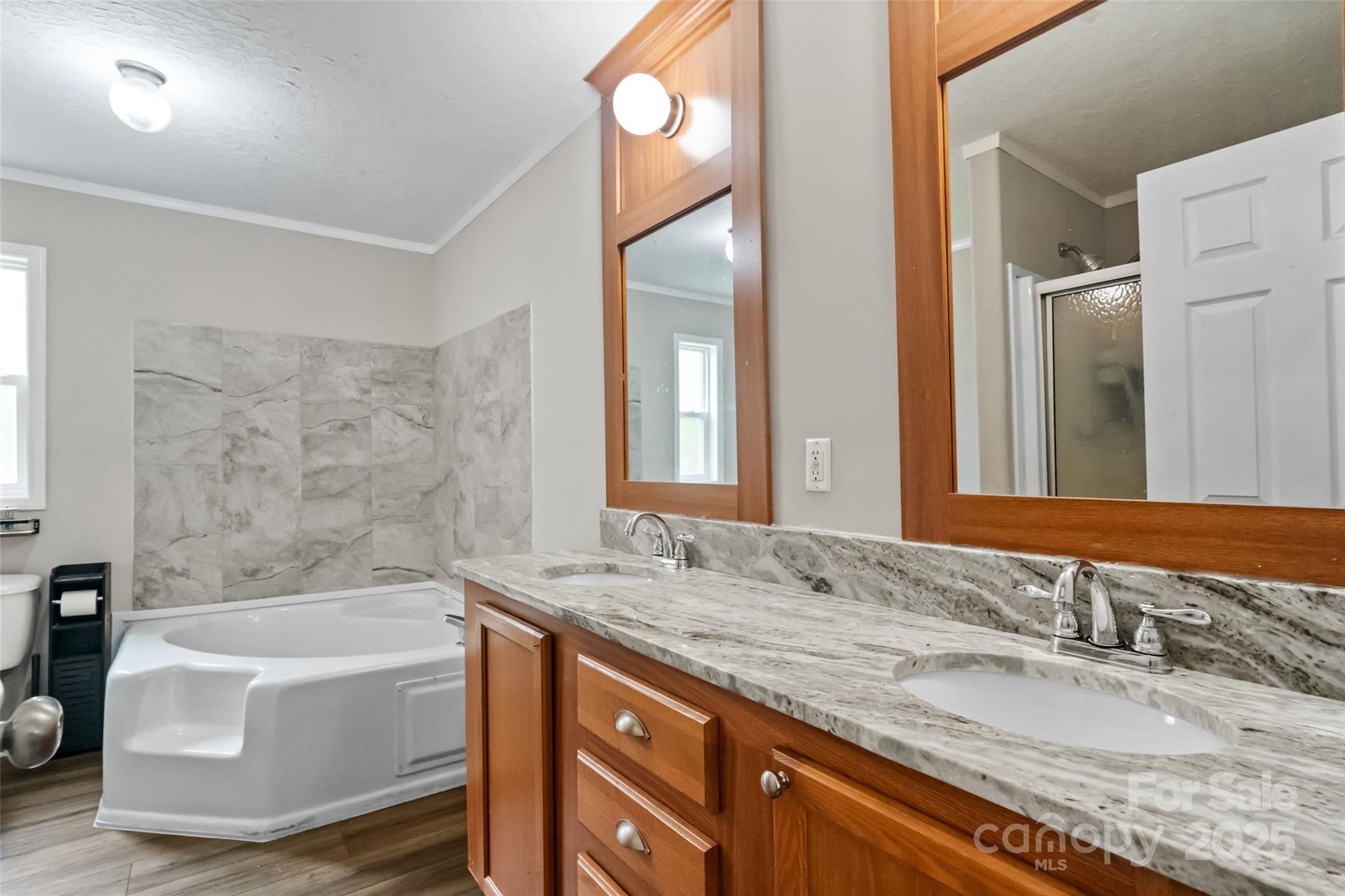 2021 Beamguard Road Clover, SC 29710 - Photo 17 of 33 a bathroom with a granite countertop tub sink and mirror