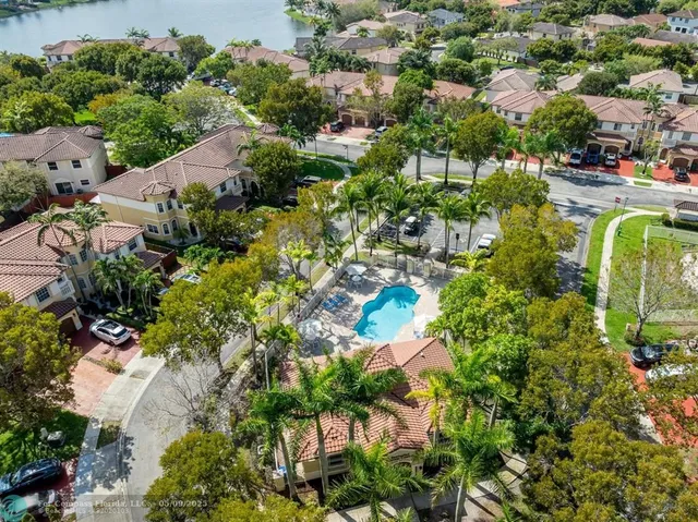 an aerial view of residential house with outdoor space and swimming pool