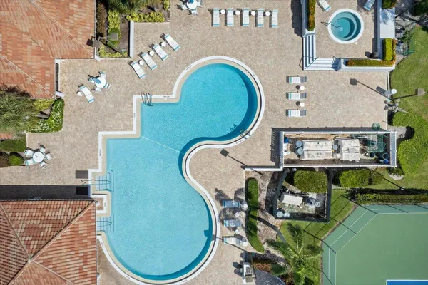 an aerial view of a swimming pool