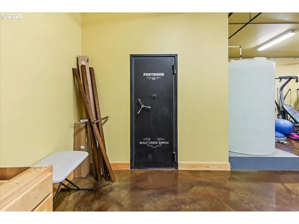 a view of a park with large trees