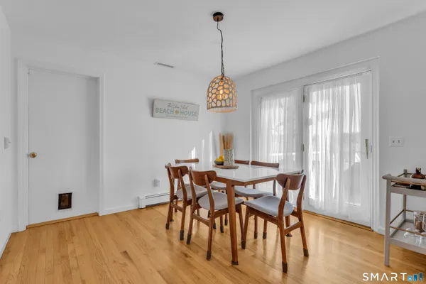 a view of a dining room with furniture window and wooden floor