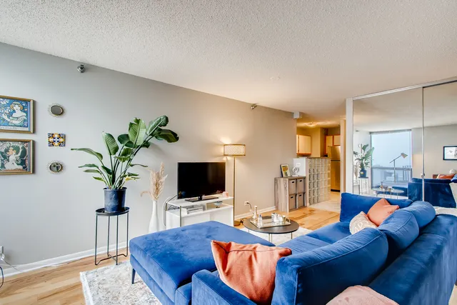 a living room with furniture potted plant and a flat screen tv
