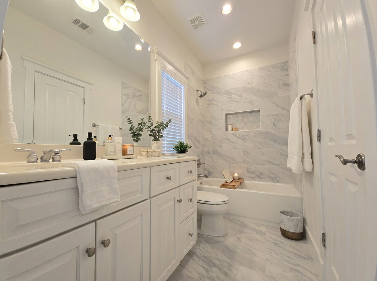 2800 Waymaker Way, Unit 24 Austin, TX 78746 - Photo 10 of 14 White vanity with dual sinks, brushed nickel fixtures, and a large mirror