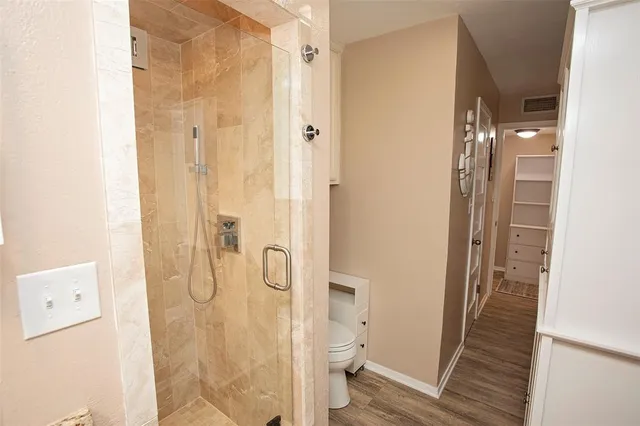 a bathroom with a shower and a toilet