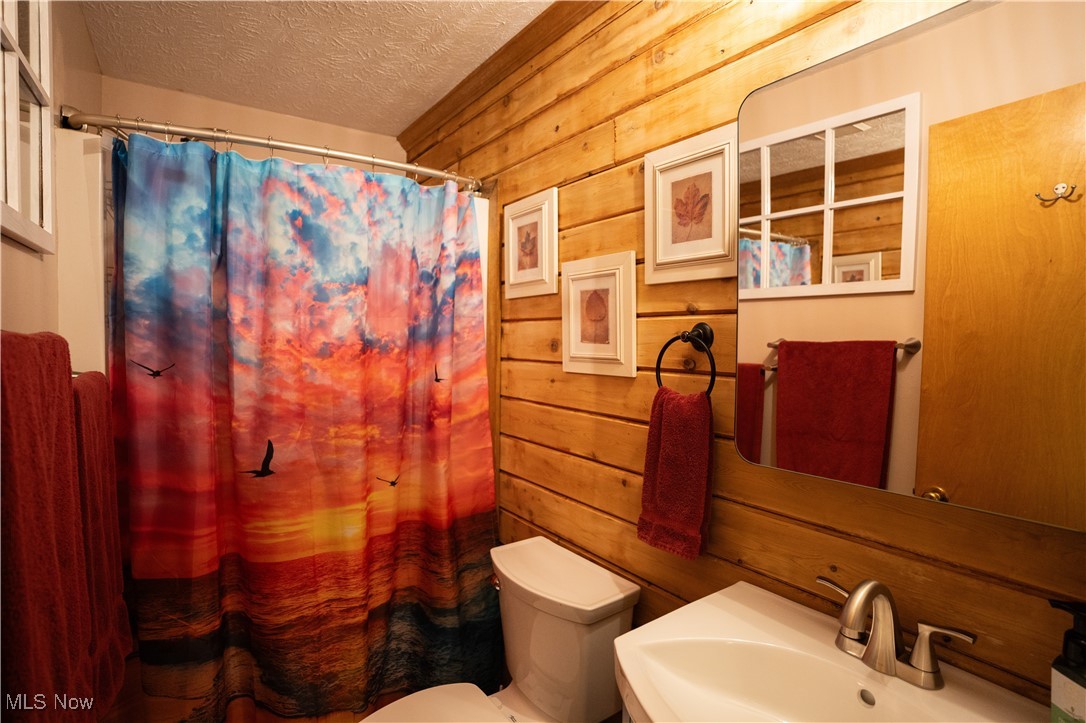 7946 Kennard Road Lodi, OH 44254 - Photo 19 of 20 Bathroom featuring wood walls, toilet, sink, and a textured ceiling