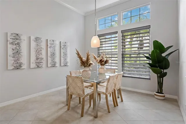 a view of a dining room with furniture window and outside view