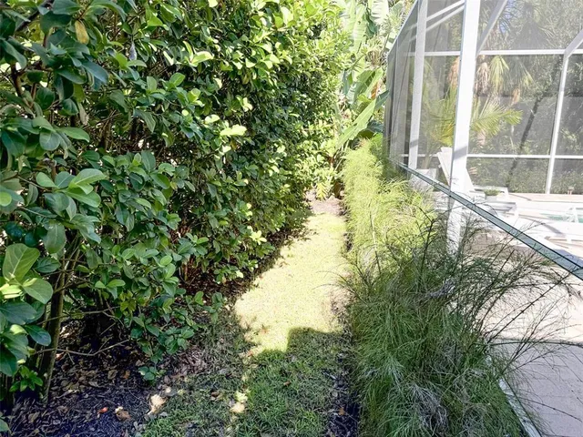 a garden view with a seating space