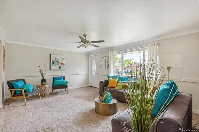 a living room with furniture potted plant and a window