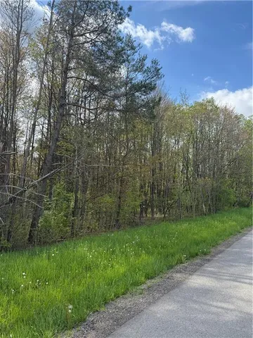 a view of a yard with a house in the background