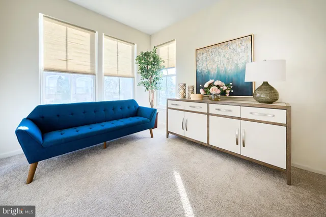 a living room with furniture and a potted plant