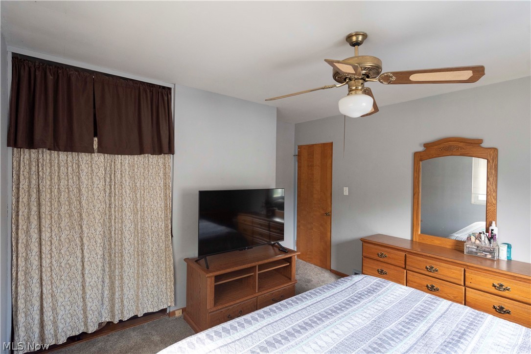 400 Baldwin Road Akron, OH 44312 - Photo 13 of 43 Primary bedroom featuring carpet flooring, a ceiling fan with integrated lighting, and a solid wood paneled door