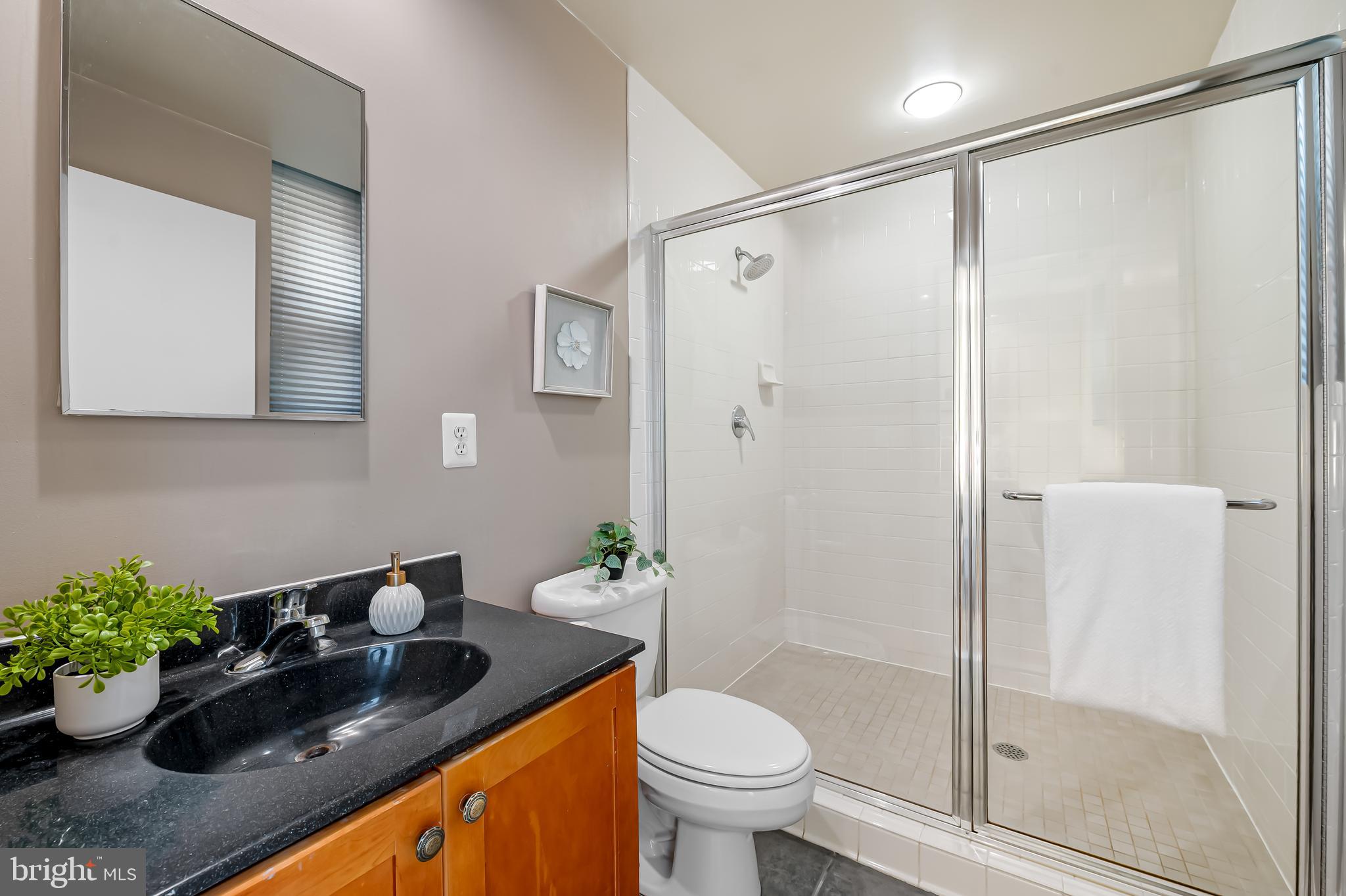1211 Light Street, Unit 103 Baltimore, MD 21230 - Photo 14 of 31 a bathroom with a granite countertop sink a toilet and shower