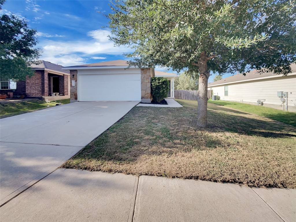 a view of a house with a yard and large tree