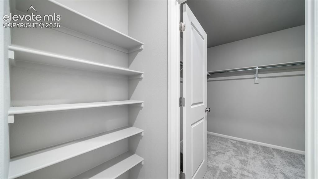 4896 Truscott Road Colorado Springs, CO 80925 - Photo 24 of 34 Interior closet featuring built-in shelving, a full-height hanging rod, gray wall paint, and patterned gray carpetingPhotos of a Model Home