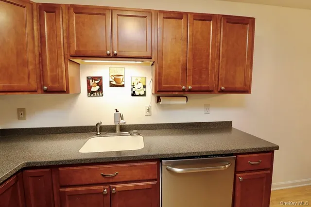 a sink with granite countertop wooden cabinets