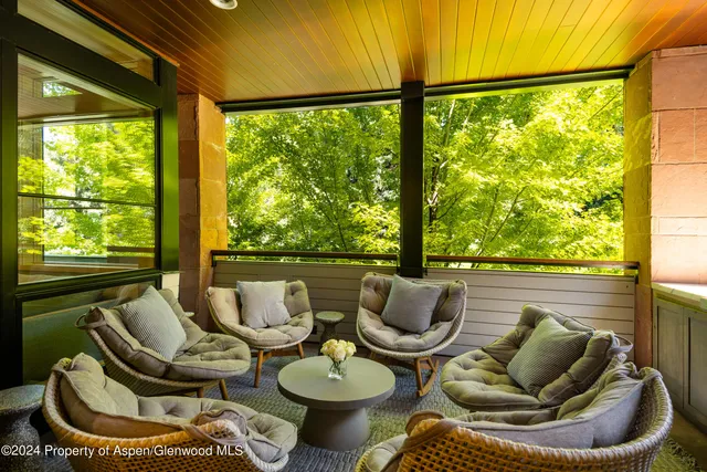 a living room with patio furniture and a potted plant