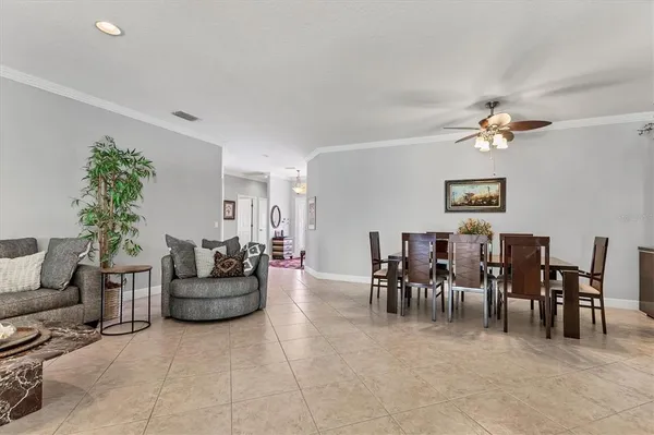 a living room with furniture potted plant and a chandelier
