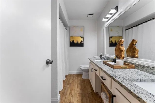 a bathroom with a granite countertop sink and a mirror
