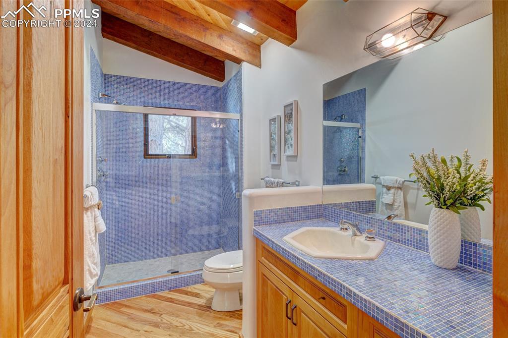 15 4th Street Colorado Springs, CO 80906 - Photo 26 of 46 a bathroom with a granite countertop sink a toilet and shower