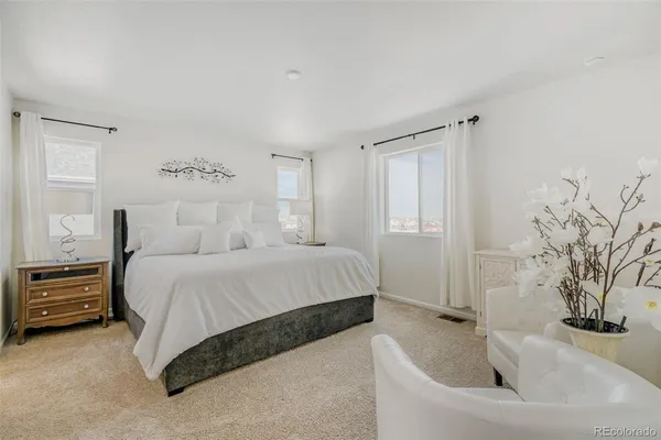 a spacious bedroom with a bed and a couch