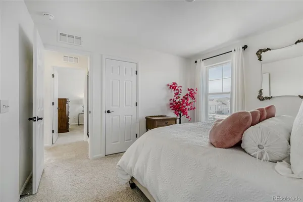 a bedroom with a bed and a closet