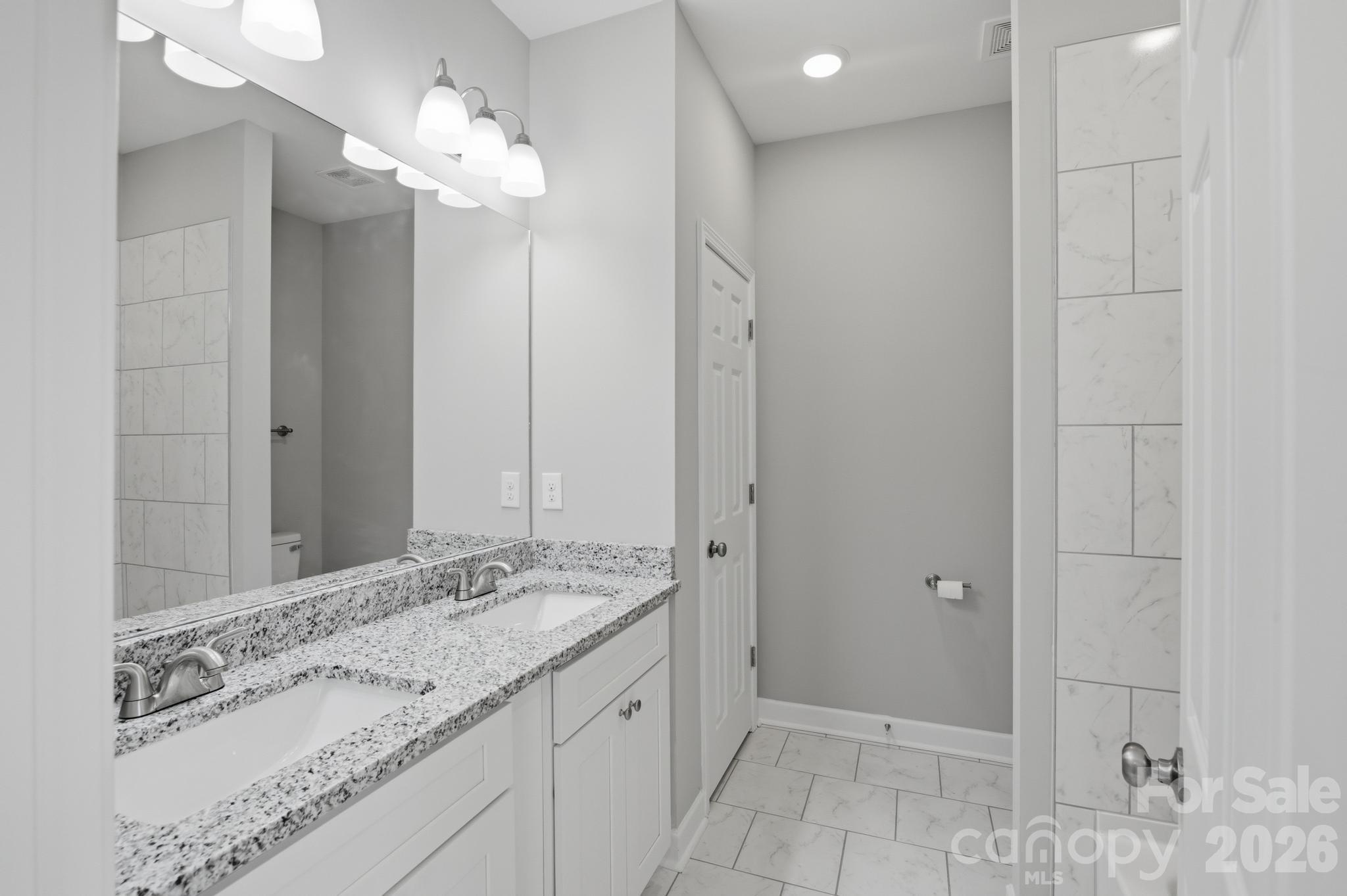 368 Lippard Farm Road Statesville, NC 28625 - Photo 20 of 29 a bathroom with a granite countertop sink a mirror and shower
