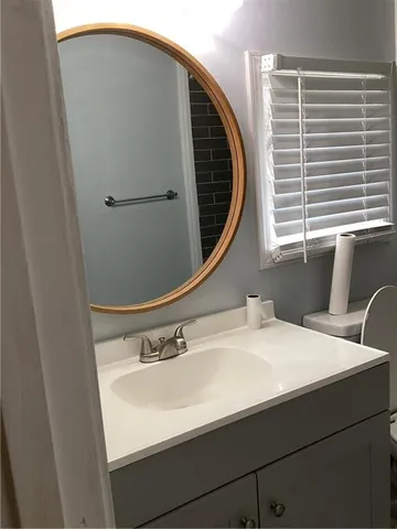 a bathroom with a sink and a mirror
