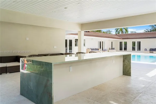 a view of a patio with a fireplace