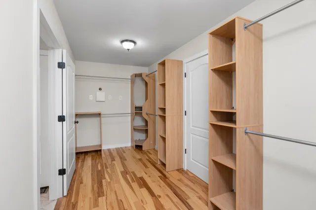 a view of walk in closet with empty racks
