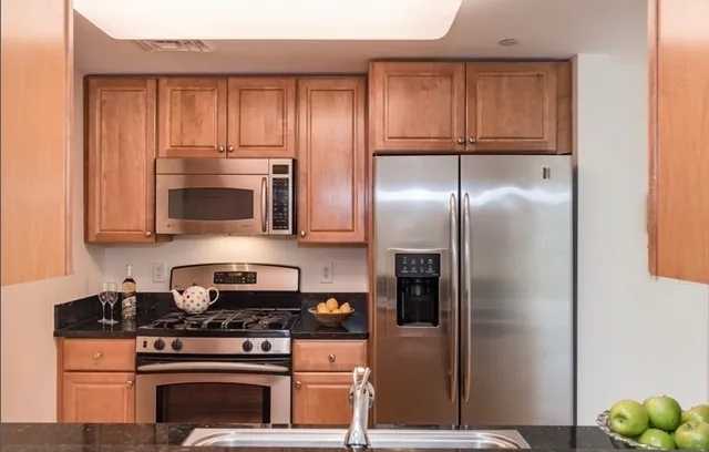 a kitchen with stainless steel appliances granite countertop a stove a refrigerator and a microwave