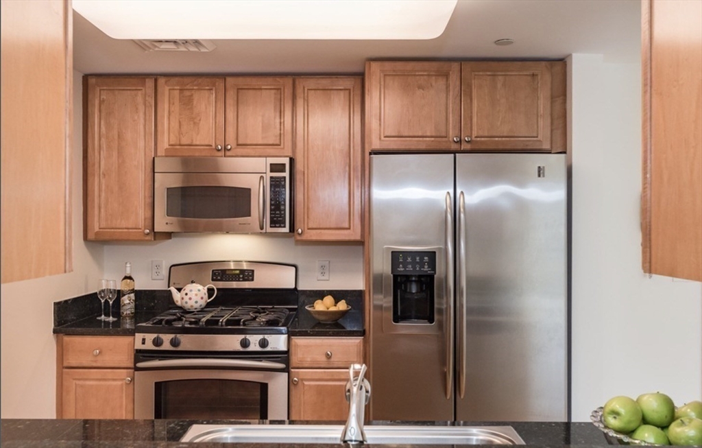 110 Cypress Street, Unit 307 Brookline, MA 02445 - Photo 8 of 24 a kitchen with stainless steel appliances granite countertop a stove a refrigerator and a microwave