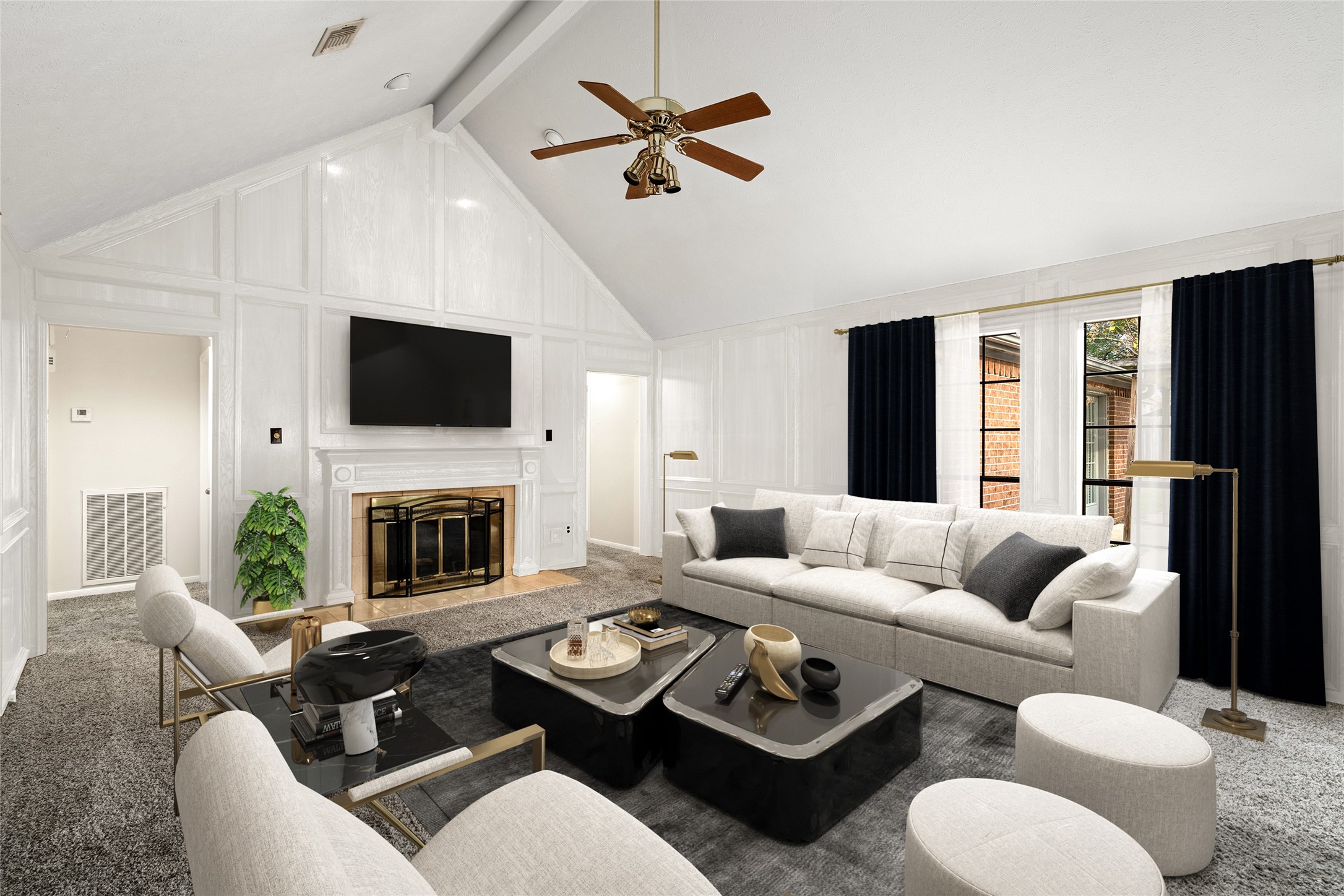 16106 Ridge Park Drive Houston, TX 77095 - Photo 2 of 23 a living room with furniture a fireplace and a flat screen tv