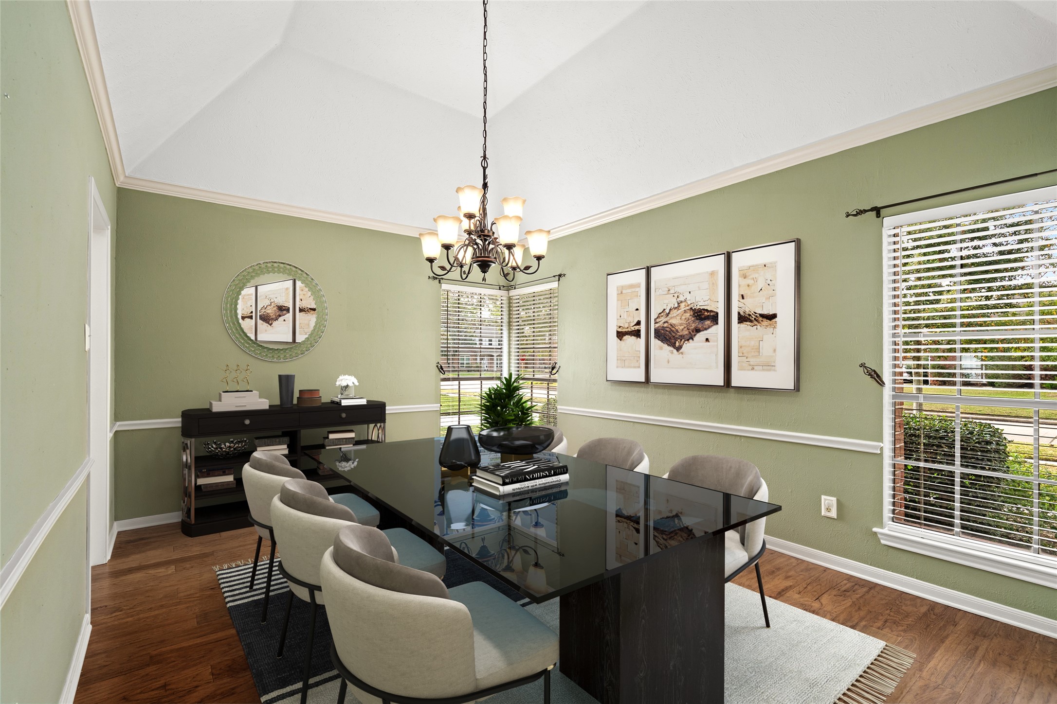 16106 Ridge Park Drive Houston, TX 77095 - Photo 6 of 23 a dining room with wooden floor a chandelier a glass table and chairs