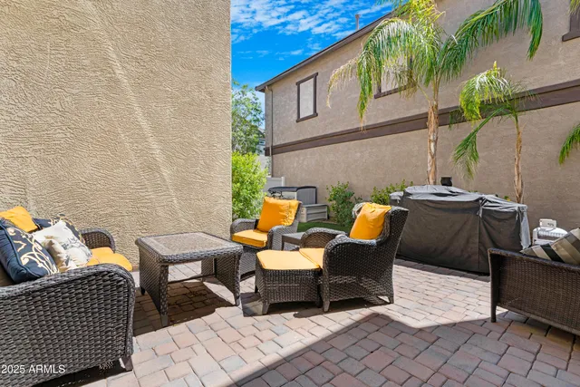 an aerial view of a house with a garden
