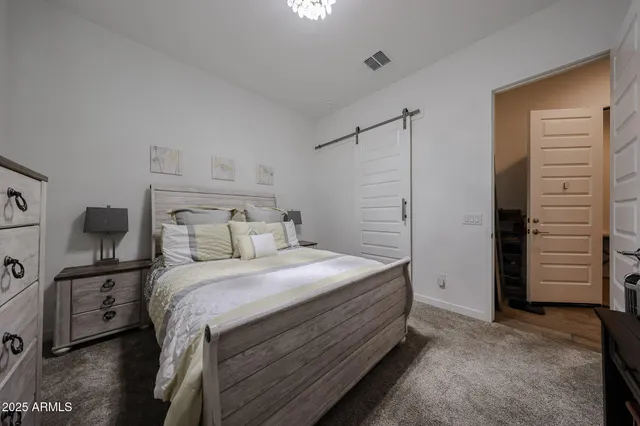 a bedroom with a bed and a walk in closet