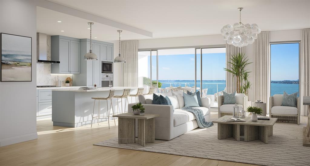 325 Golden Gate Point, Unit 602 Sarasota, FL 34236 - Photo 6 of 21 a living room with furniture a chandelier and kitchen view