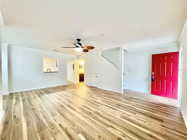a view of a livingroom with a staircase