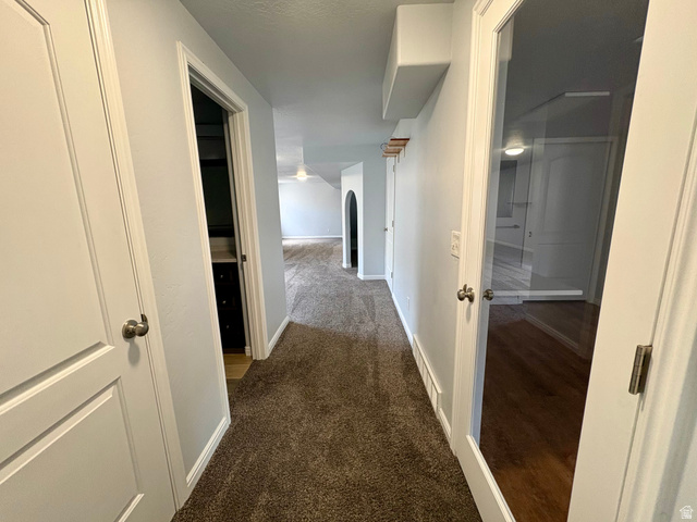 665 West State Road Lehi, UT 84043 - Photo 16 of 30 Hallway with textured carpet flooring, light gray wall paint, and white trim