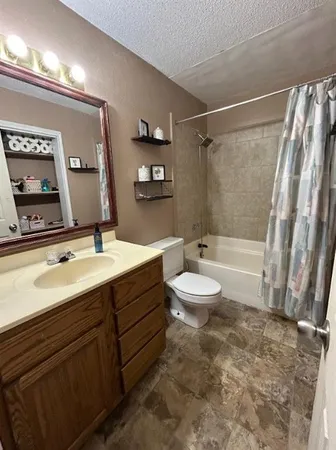 a bathroom with a double vanity sink toilet mirror and shower