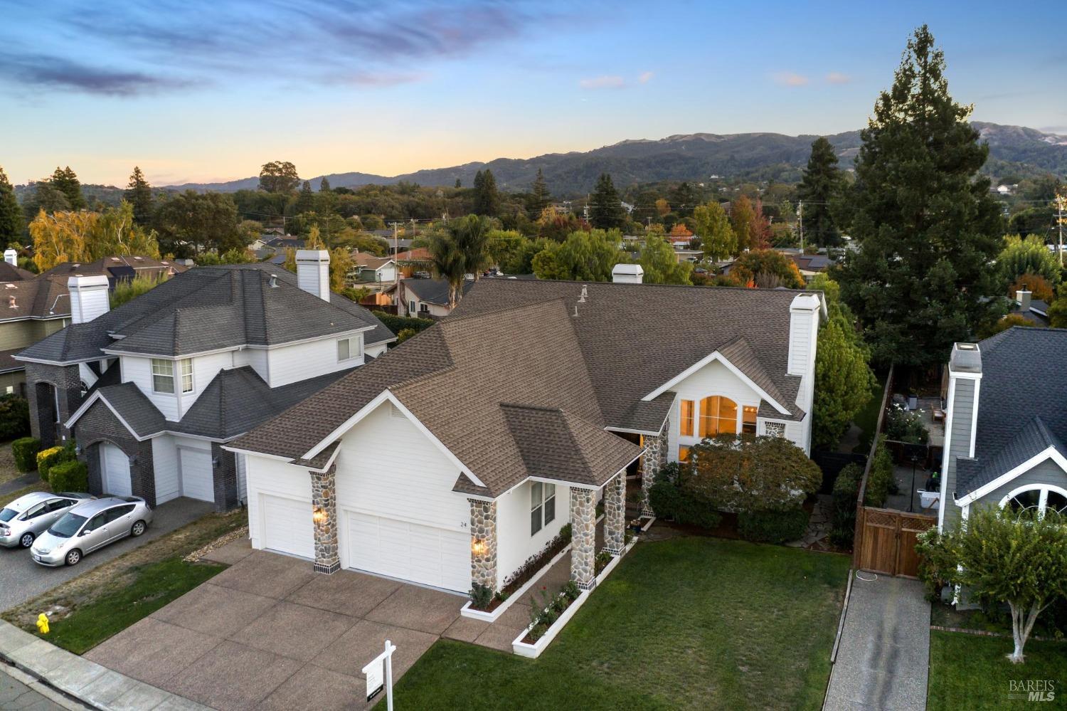 an aerial view of houses with trees