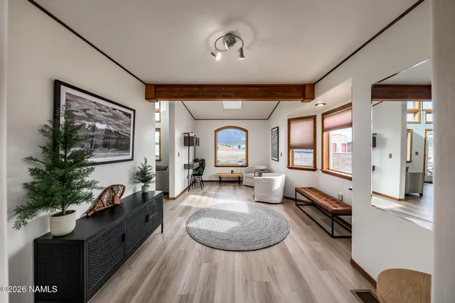 a living room with furniture a rug and a large window