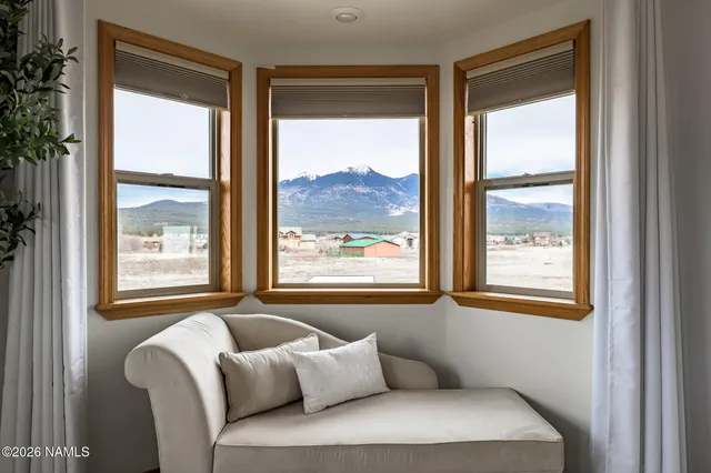 a view of a house with a snow in the background