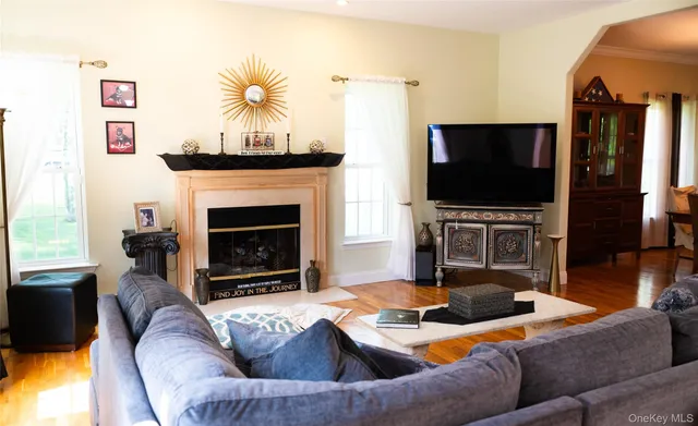 a living room with furniture a flat screen tv and a fireplace