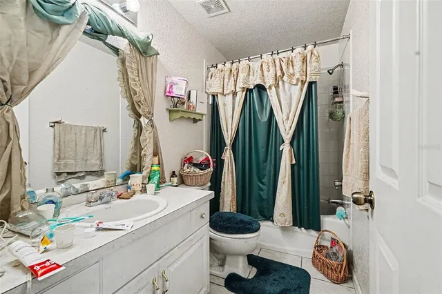 a bathroom with a sink a toilet and a shower curtain