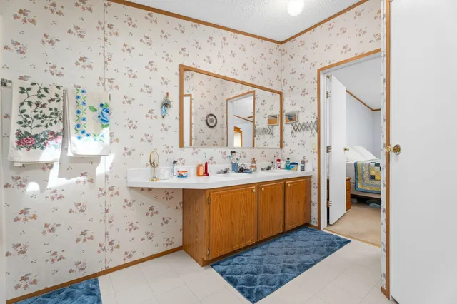 a bathroom with a sink a mirror and a shower