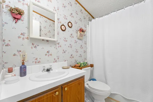 a bathroom with a sink mirror vanity and toilet