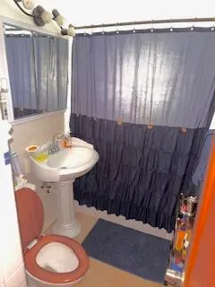 a bathroom with a sink a toilet and shower curtain