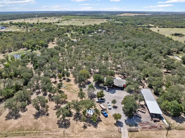 a view of a city with lush green forest